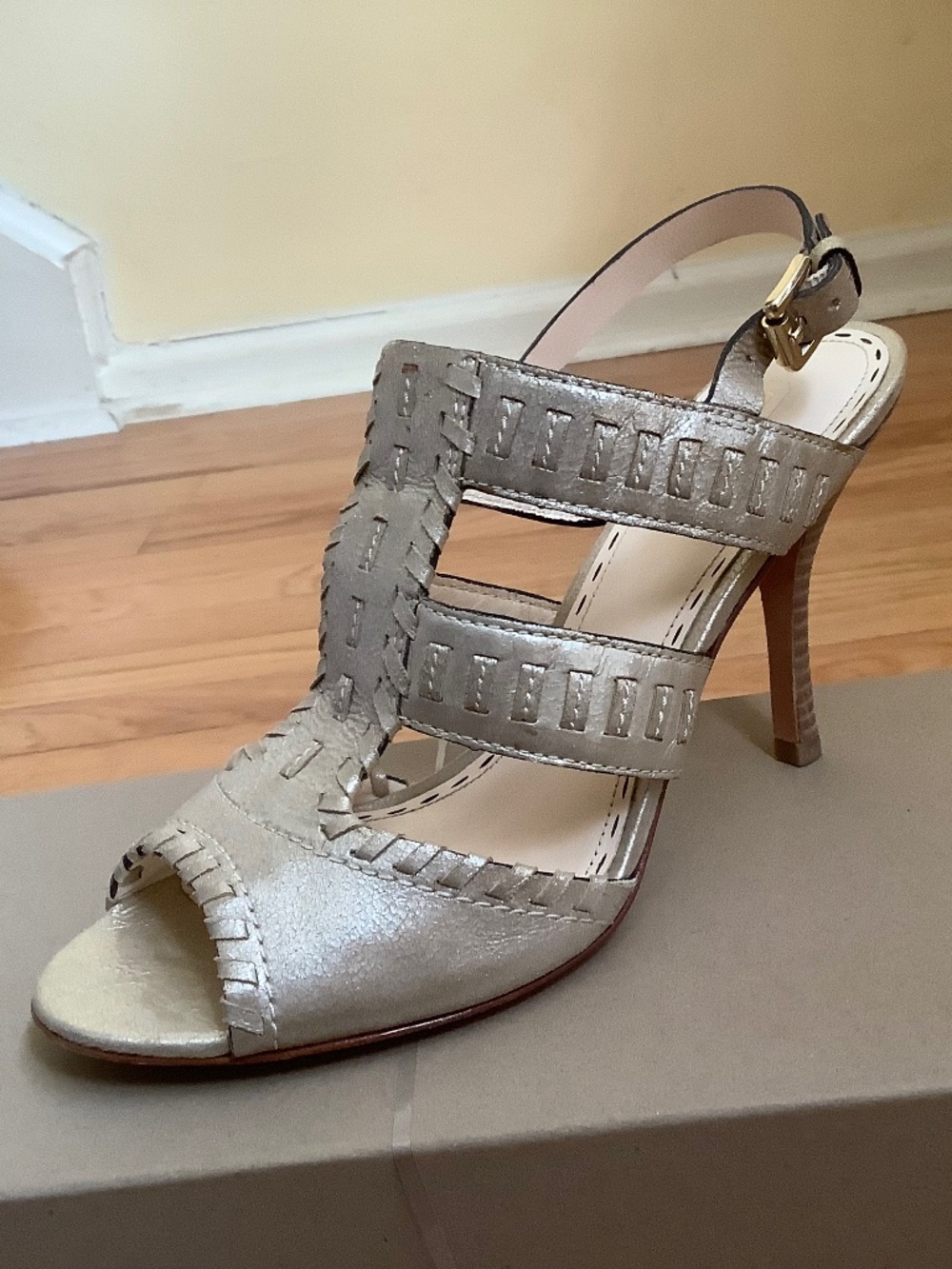 Coach Kareena Brushed Gold Whipstitch Metallic Leather High Heel Sandals SZ 9.5 - Picture 1 of 13